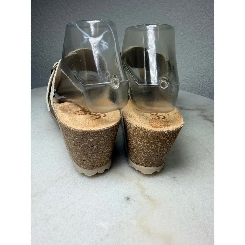 Yokono Womens Beige Suede Leather Cork Wedge‎ Buckle Slide Sandals Size 9 Spain